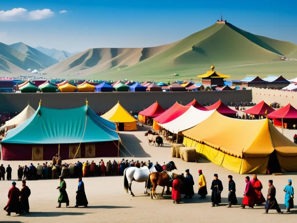 Un bullicioso mercado en el corazón del Imperio Mongol, con comerciantes de diversas culturas intercambiando especias, sedas y metales preciosos