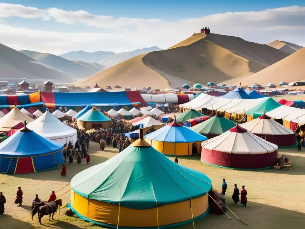 Un bullicioso mercado en el corazón del Imperio Mongol, con un intercambio cultural y comercial entre mercaderes de diversas procedencias