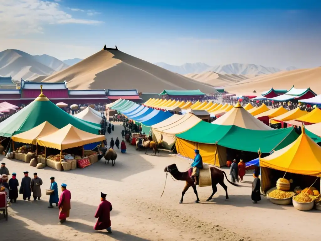 Un bullicioso mercado en el corazón del Imperio Mongol, con comerciantes de diversas regiones intercambiando seda, especias y metales preciosos