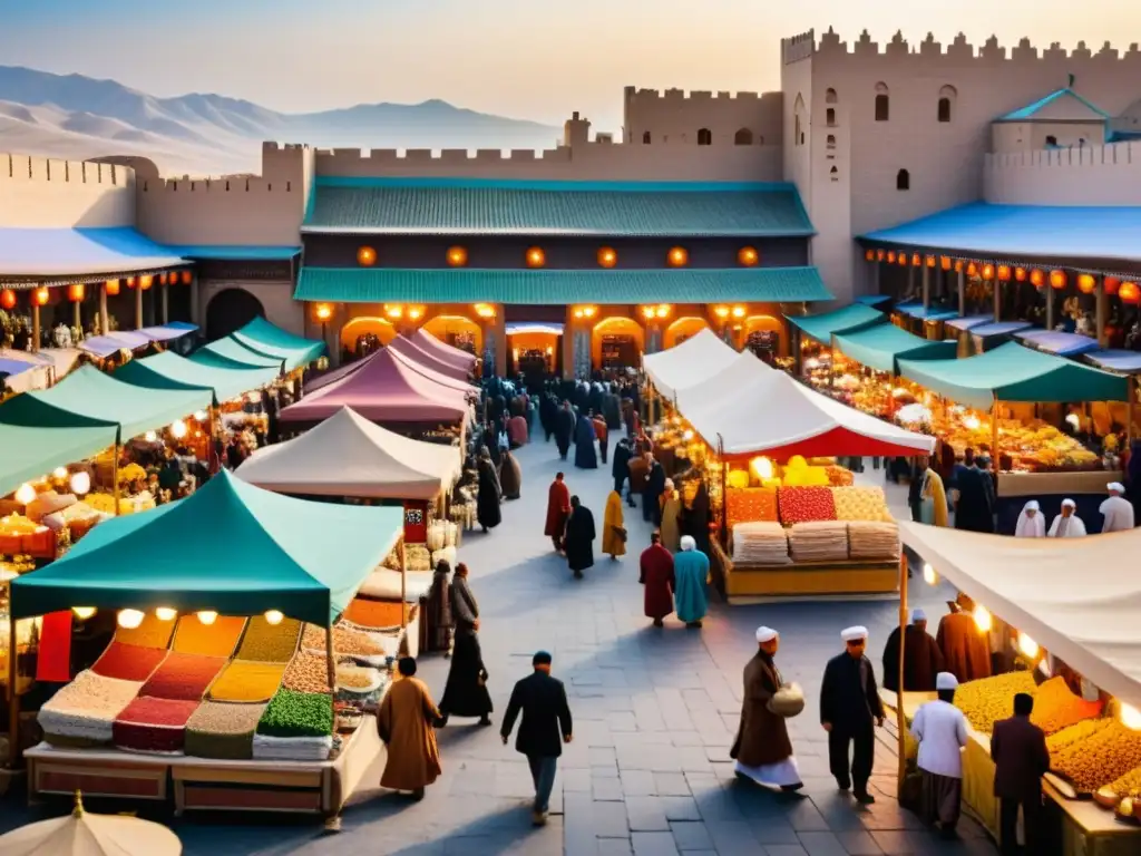 Un bullicioso mercado en la Dinastía Ilkhanate, con coloridos textiles, especias y gente de diversas culturas comerciando en un ambiente vibrante