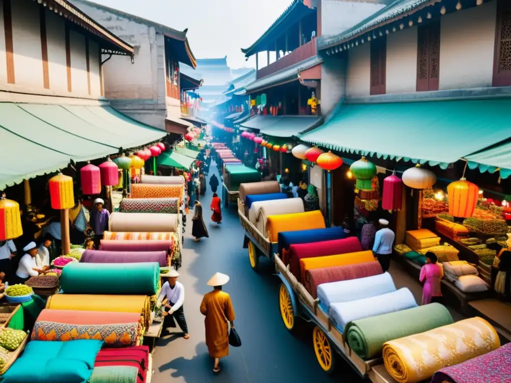 Un bullicioso mercado en una histórica ciudad asiática, con mercantes vendiendo textiles coloridos, especias y otros productos