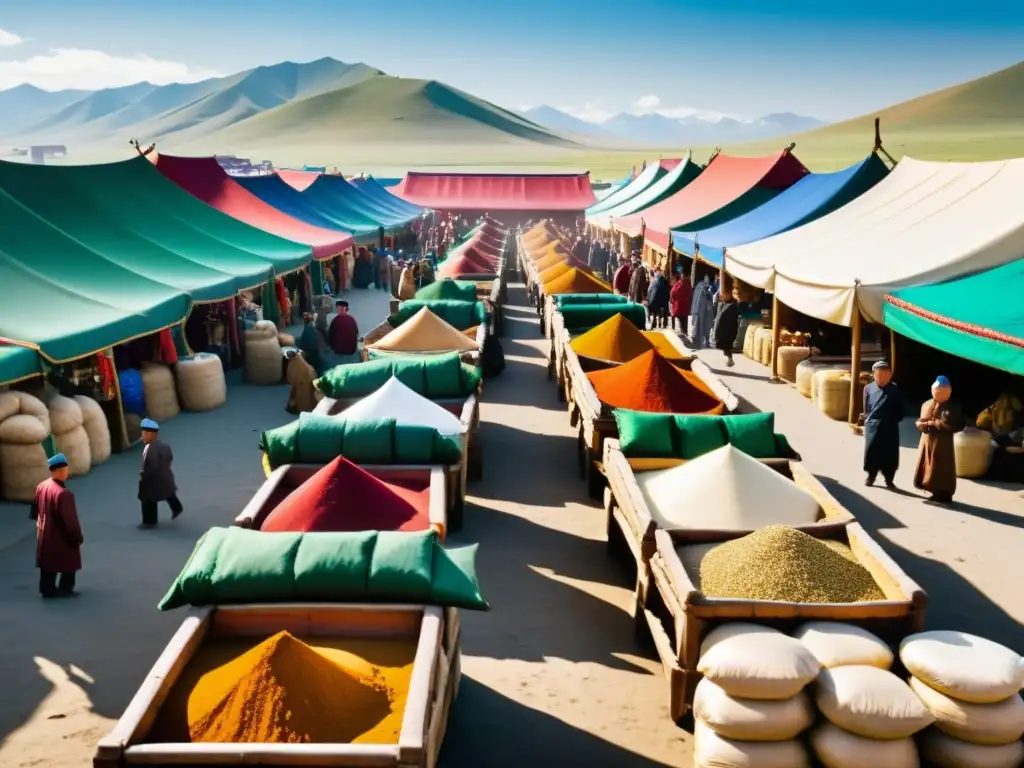 Un bullicioso mercado en una histórica ciudad mongola, con comerciantes intercambiando bienes bajo la mirada atenta de un gran Khan