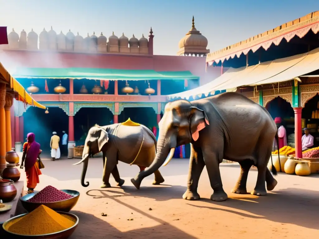 Un bullicioso mercado en la India antigua, con comerciantes, textiles y especias