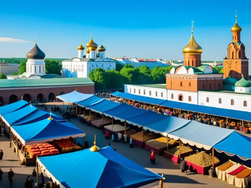 Un bullicioso mercado en Novgorod, con influencias mongolas y europeas