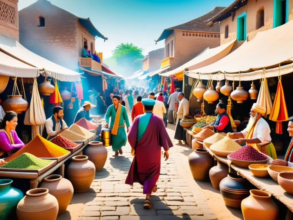 Un bullicioso mercado a lo largo de una antigua ruta comercial, mostrando el impacto de intercambios culturales del Imperio