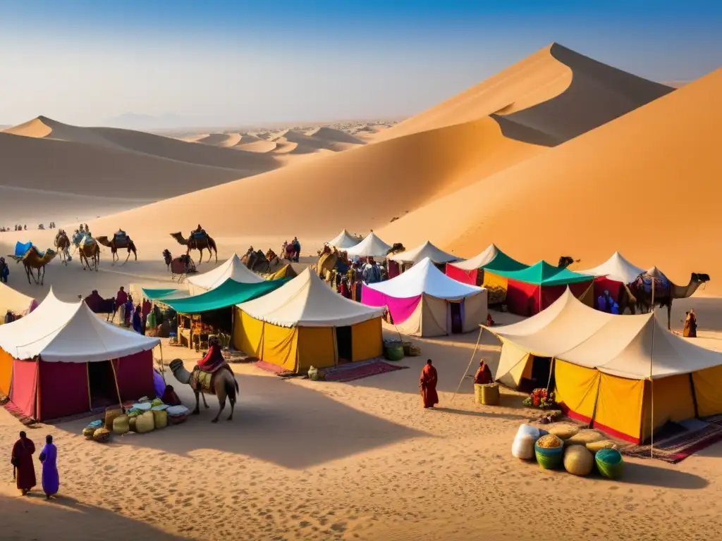 Un bullicioso mercado a lo largo de la Ruta de la Seda, con comerciantes de diversas culturas regateando bajo la sombra de imponentes dunas del desierto