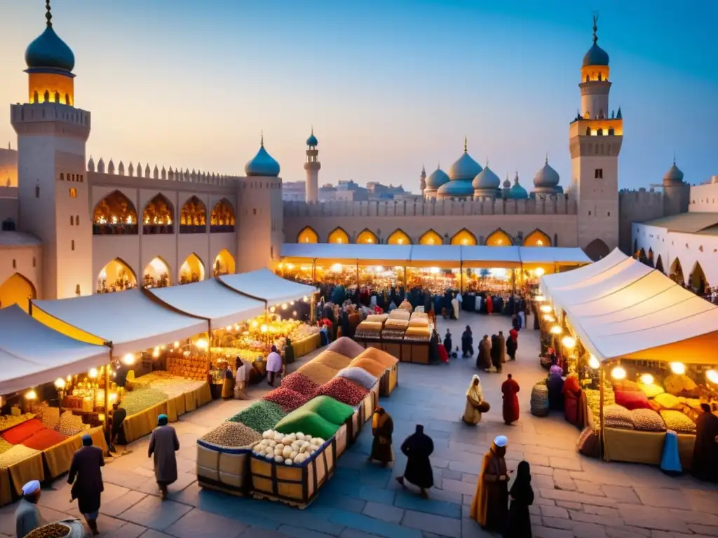 Un bullicioso mercado medieval en una ciudad islámica, con comerciantes y cultura, antes de la Incursión Mongol mundo islámico