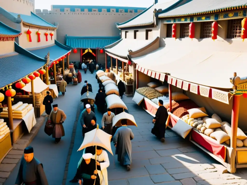 Un bullicioso mercado medieval en una ciudad con influencias culturales diversas