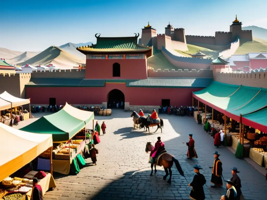 En un bullicioso mercado medieval, los comerciantes intercambian bienes de todo el mundo