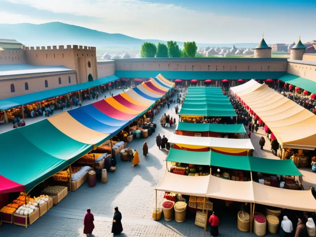 En un bullicioso mercado medieval, comerciantes negocian bienes mientras una diversa multitud intercambia especias y textiles