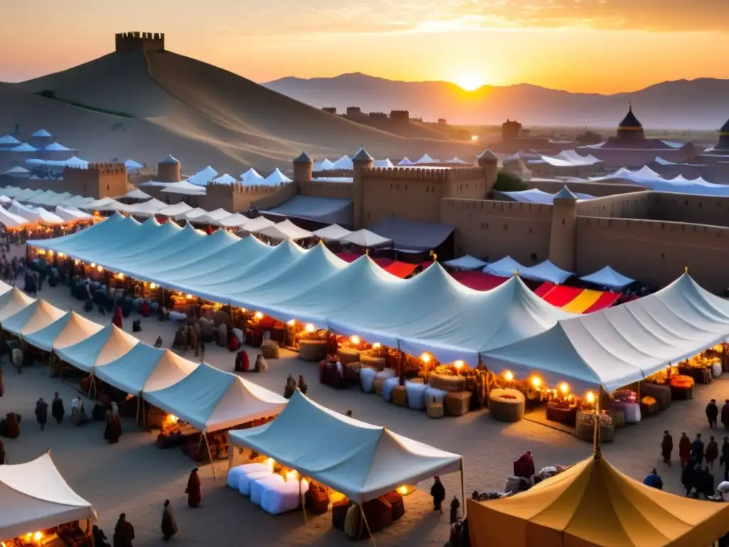 Un bullicioso mercado medieval con comercio de especias Imperio Mongol, vibrante y multicultural bajo el cálido atardecer