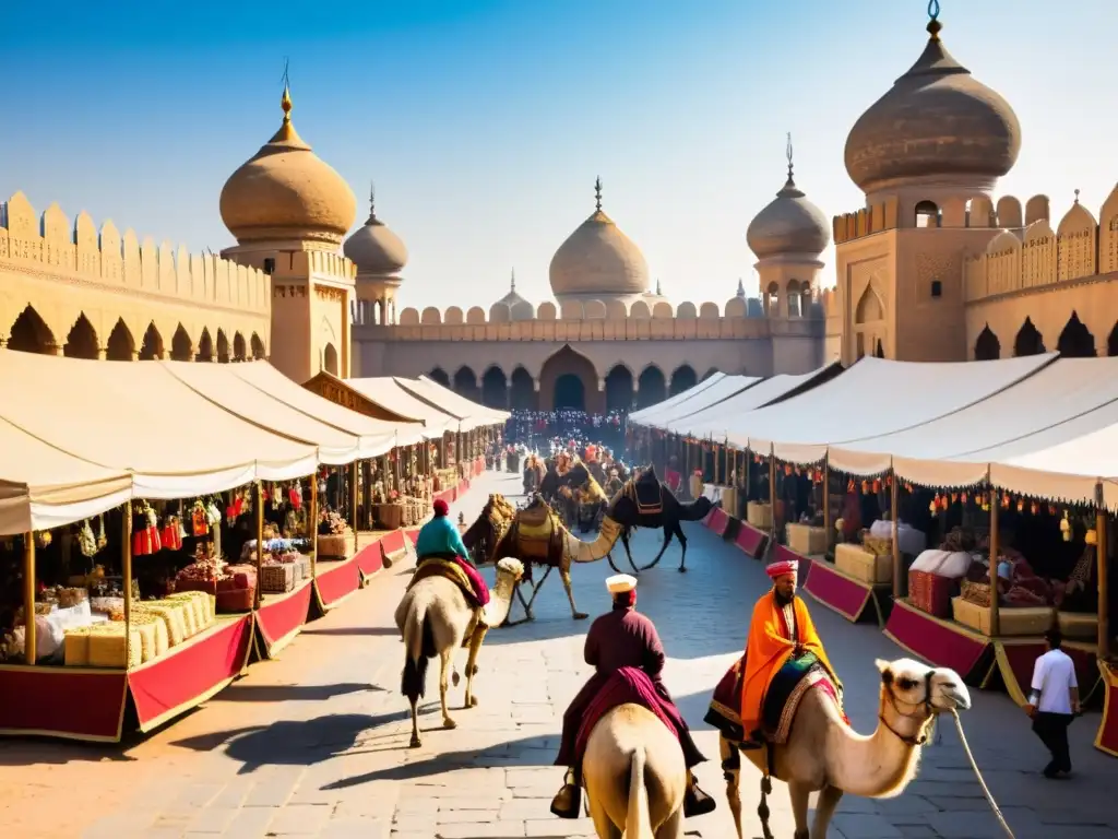 Un bullicioso mercado medieval con influencia de mercados de Europa, Asia y Medio Oriente, lleno de comerciantes y arquitectura diversa