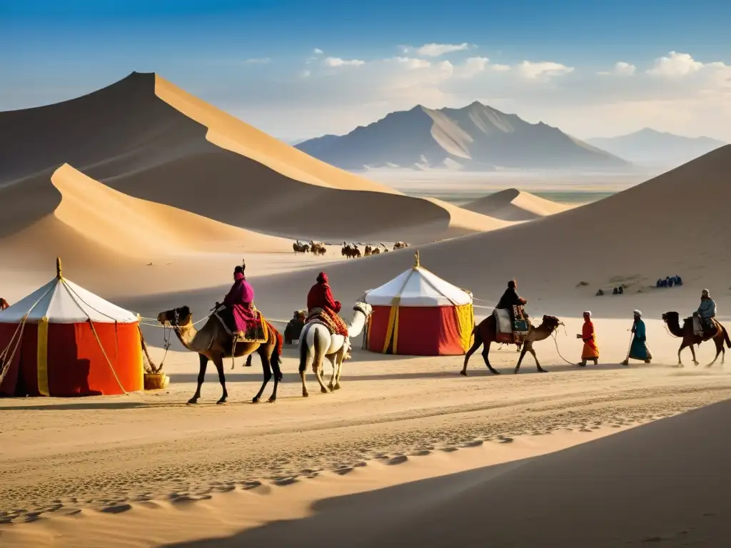 En un bullicioso mercado medieval a lo largo de la antigua ruta comercial mongol, con comerciantes regateando, camellos cargados de sedas y especias, y viajeros intercambiando historias y mercancías bajo imponentes caravanserais