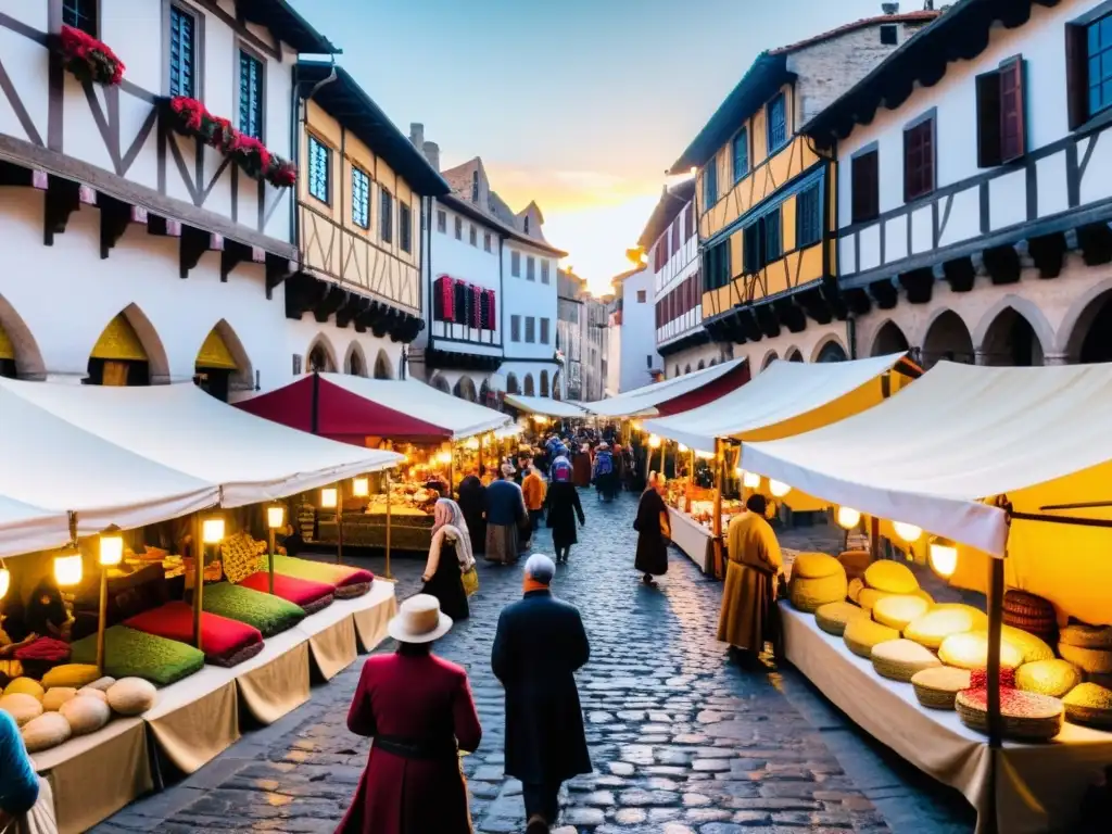 Un bullicioso mercado medieval con mercaderes vendiendo textiles, especias y bienes exóticos