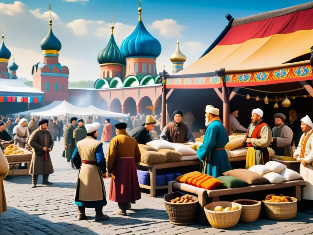 Un bullicioso mercado medieval ruso, con comerciantes regateando bienes y textiles coloridos en exhibición