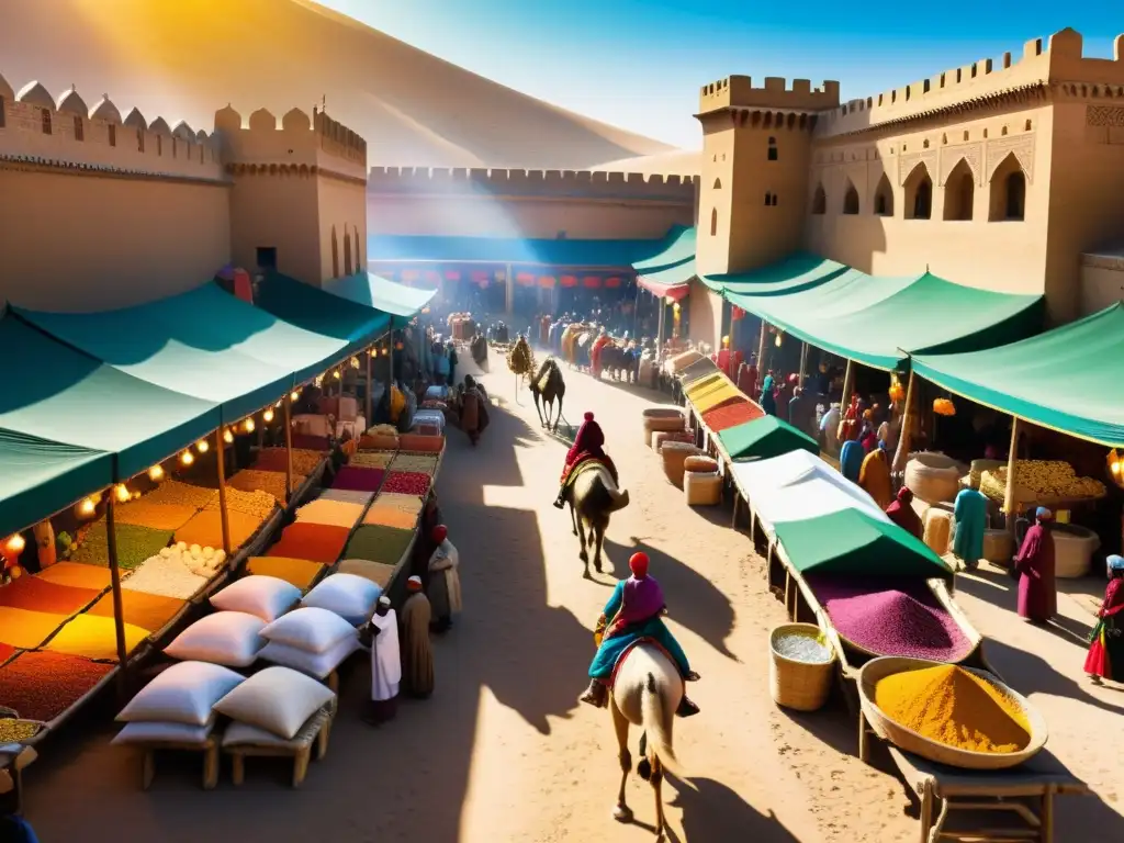 Un bullicioso mercado medieval en la Ruta de la Seda, con comerciantes intercambiando especias y seda