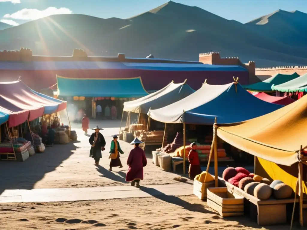 Un bullicioso mercado mongol con coloridos textiles y artesanías en exhibición, mientras vendedores locales y turistas negocian animadamente