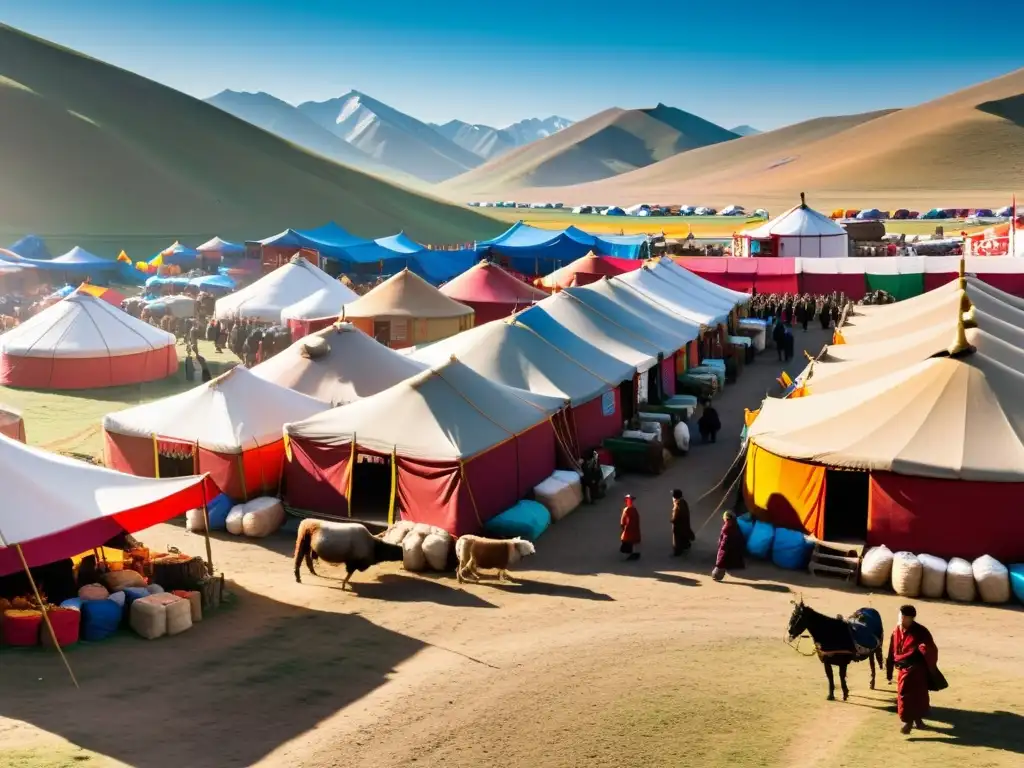 Un bullicioso mercado mongol con comerciantes intercambiando bienes bajo la regulación comercial en Imperio Mongol