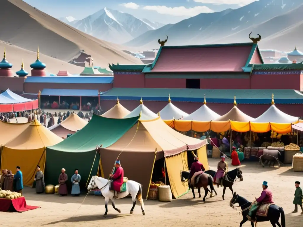 Bullicioso mercado mongol con comerciantes negociando seda, especias y metales, bajo un cielo azul