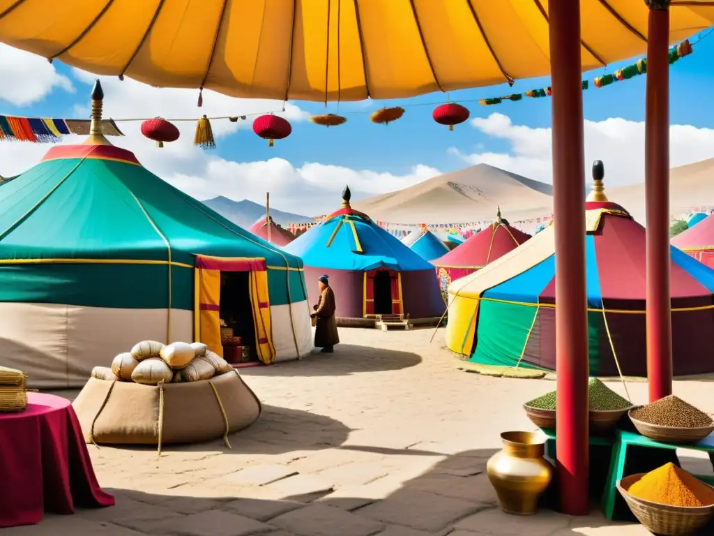 Un bullicioso mercado mongol con yurtas ornamentadas y estructuras arquitectónicas