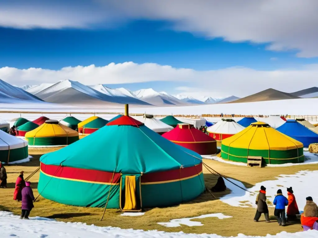 Un bullicioso mercado mongol con yurtas tradicionales coloridas y vistosas telas