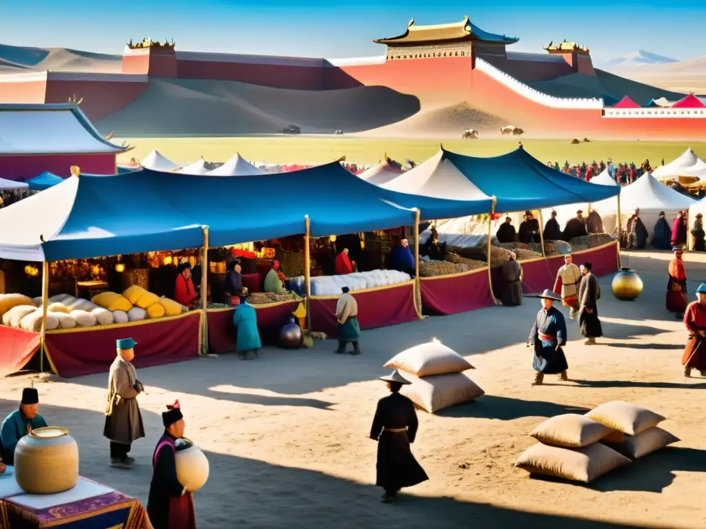 Un bullicioso mercado en la Mongolia antigua, con comerciantes de diversas culturas intercambiando bienes bajo la mirada atenta de un gran palacio mongol al fondo