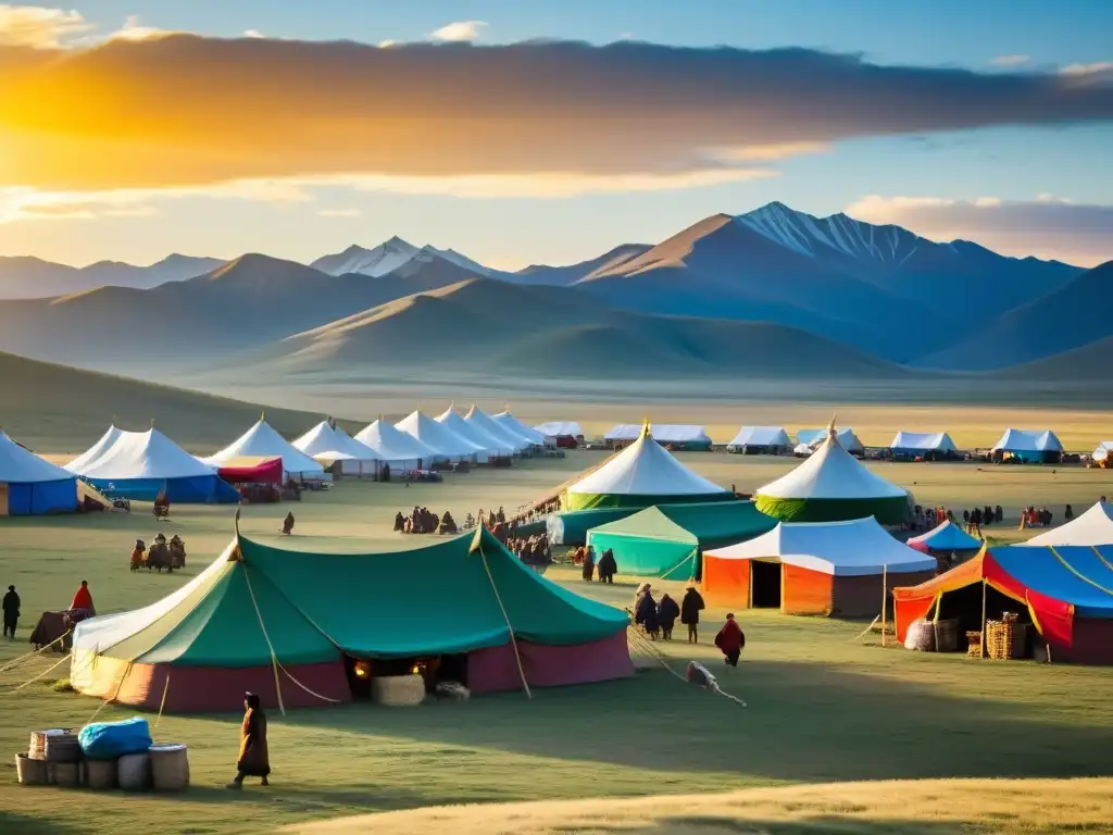 Un bullicioso mercado en Mongolia, con coloridas tiendas y puestos tradicionales, rodeado de la belleza natural