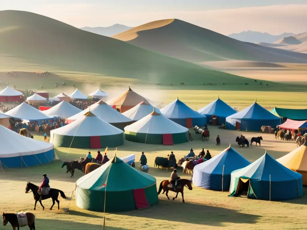 En el bullicioso mercado de Mongolia, los comerciantes intercambian bienes bajo coloridas carpas mientras mensajeros a caballo entregan correo