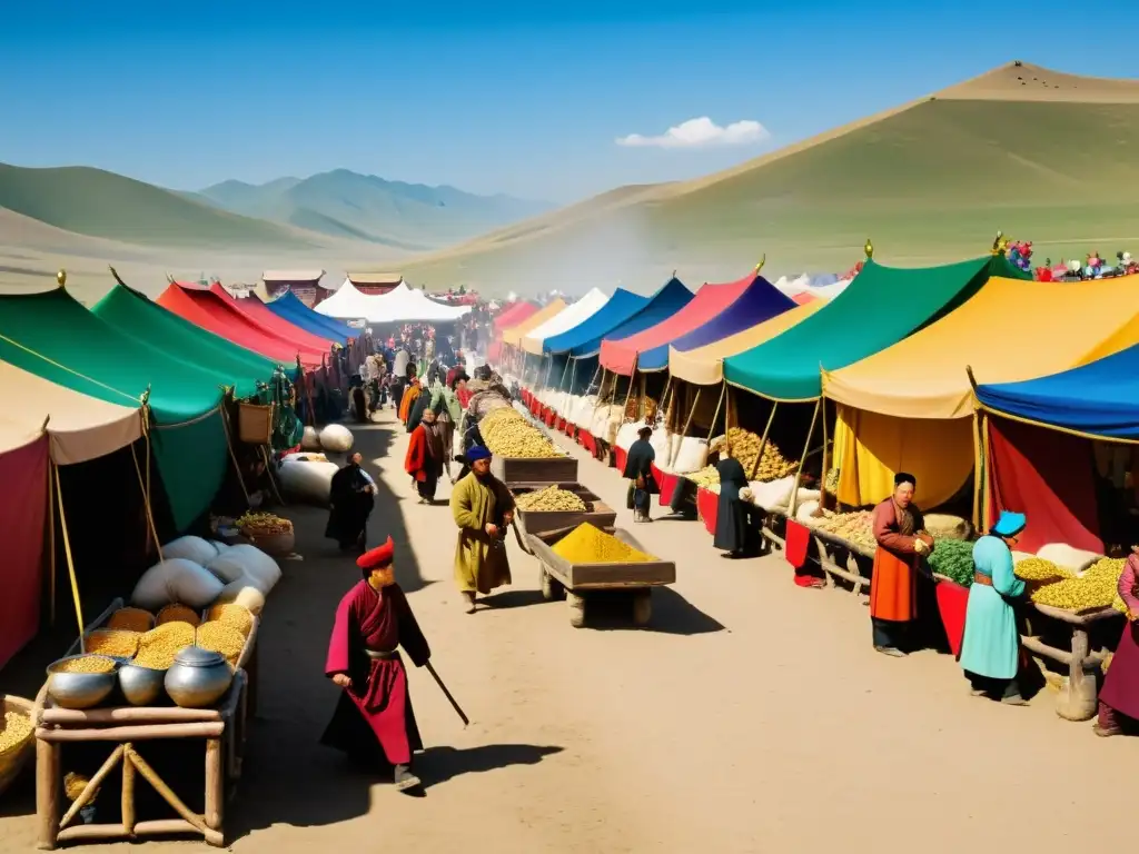 Un bullicioso mercado en la Mongolia medieval, con comerciantes regateando bienes de todo el imperio