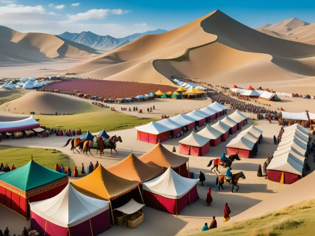 En el bullicioso mercado de la Ruta de la Seda bajo Mongol, los comerciantes venden telas y especias, mientras el Imperio Mongol se extiende al fondo