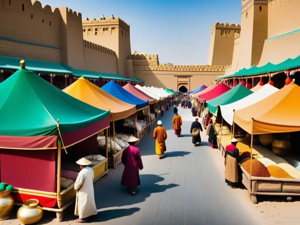 Un bullicioso mercado en la Ruta de la Seda bajo Mongol, con mercaderes y caravanas comerciando en un ambiente vibrante y multicultural