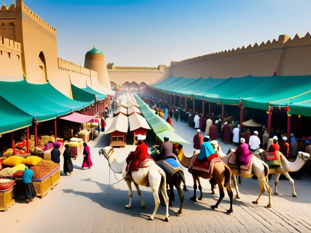 Bullicioso mercado en la Ruta de la Seda bajo el dominio mongol, con comerciantes de diversas culturas intercambiando seda, especias y más, entre caravanas de camellos y actividad vibrante