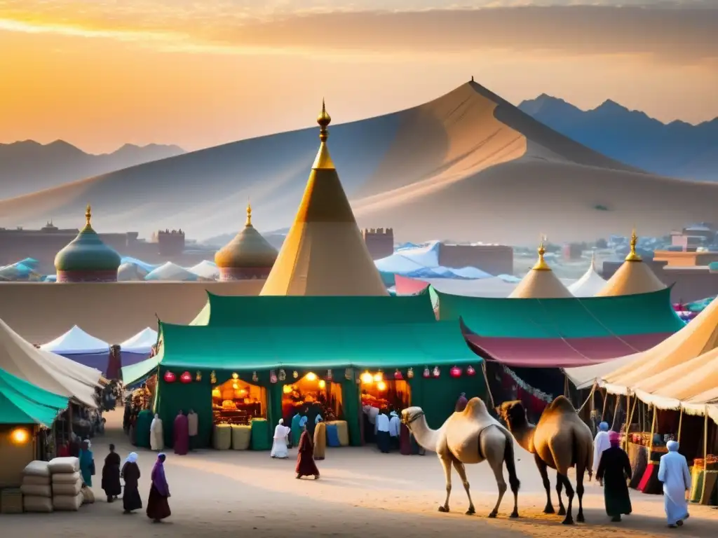 Un bullicioso mercado de la Ruta de la Seda, con influencias culturales entre mongoles e islámicos, textiles y especias coloridas, y caravanas de camellos descargando bienes al atardecer