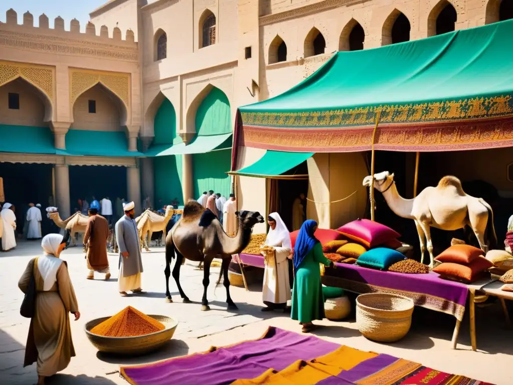 En el bullicioso mercado de la seda en Persia medieval, los comerciantes regatean telas coloridas mientras los clientes examinan los patrones