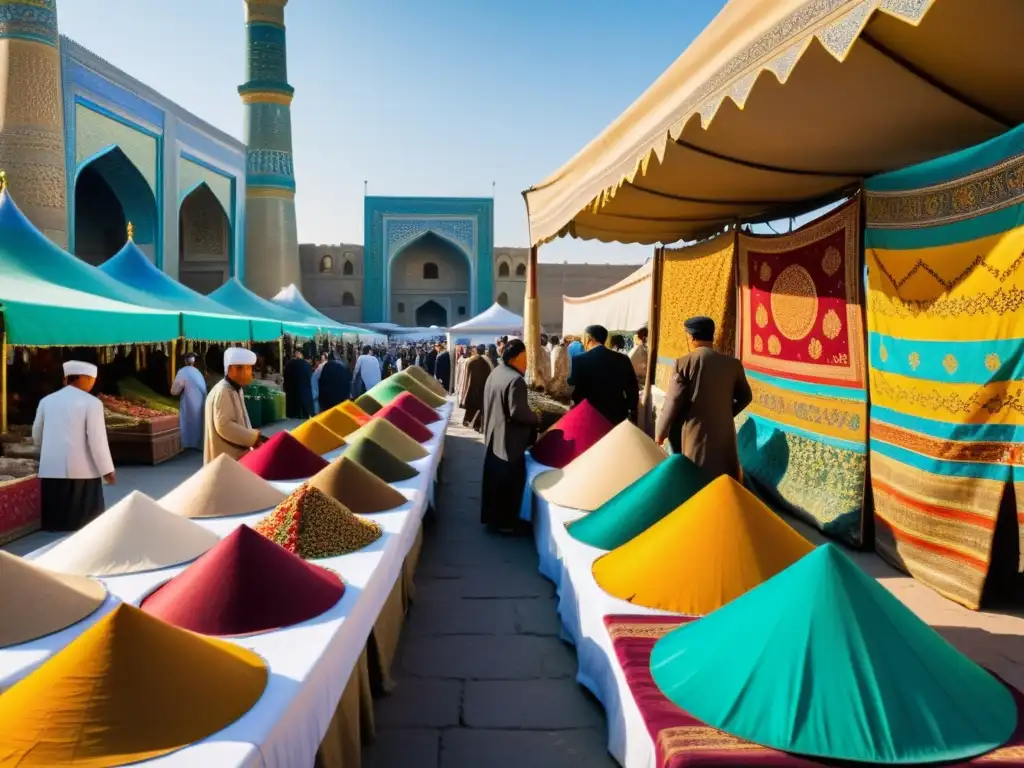 Un bullicioso mercado en Samarcanda, Uzbekistán, con telas de seda coloridas, especias y bienes exóticos en exhibición