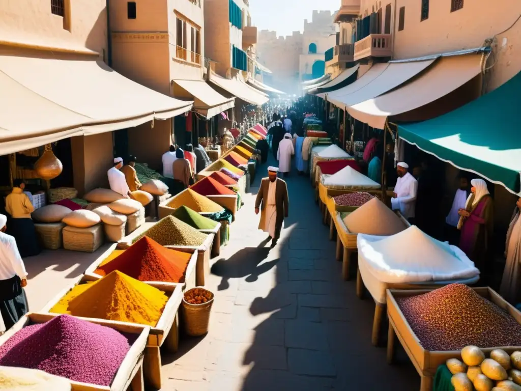 Un bullicioso mercado del Medio Oriente con vendedores y productos coloridos