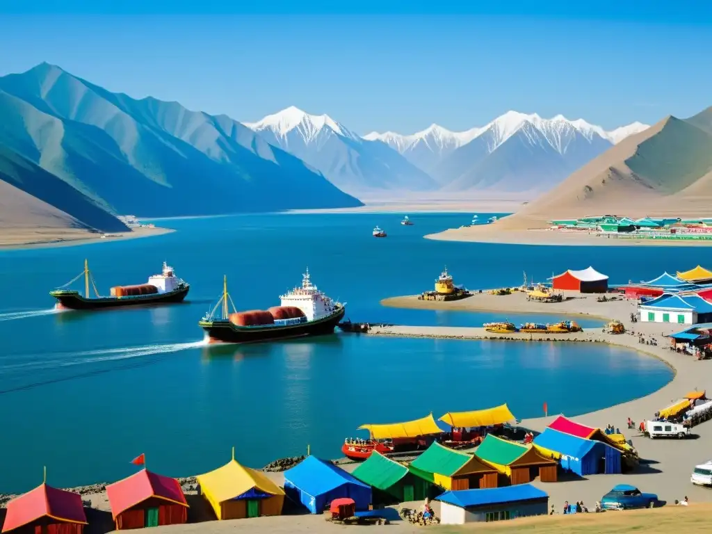 Un bullicioso puerto mongol con barcos coloridos, montañas y un cielo azul