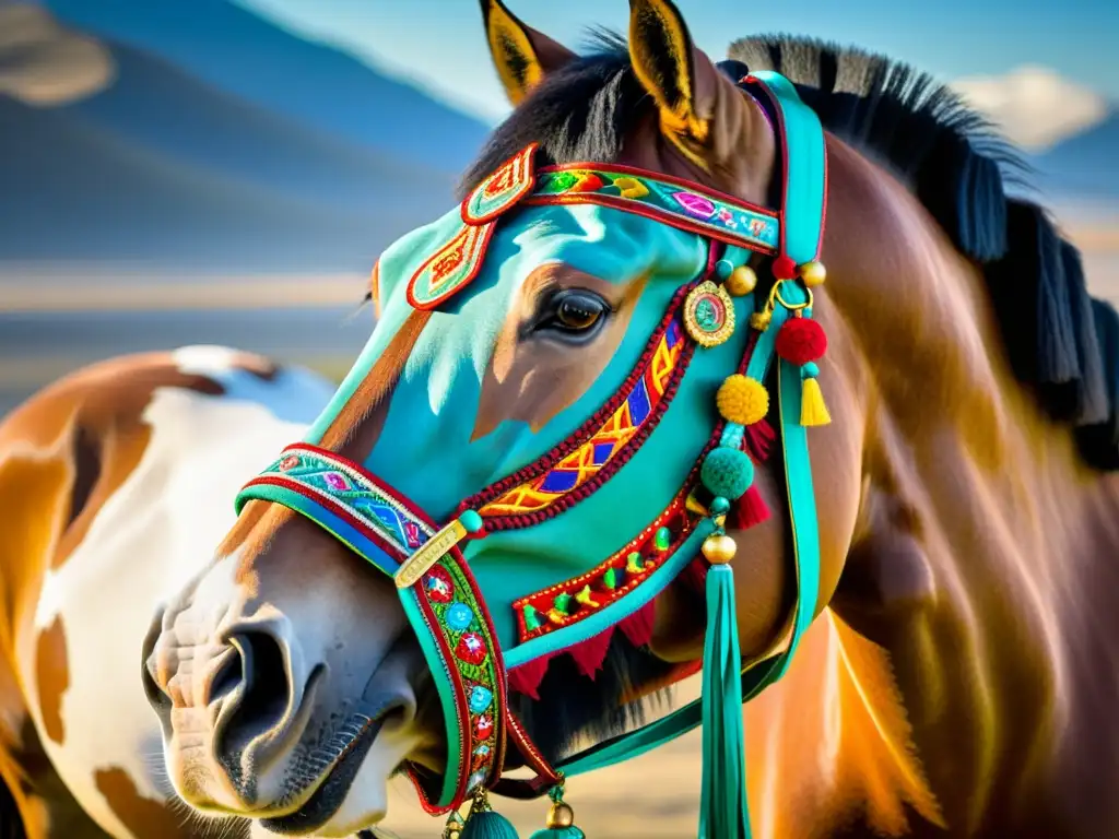 Un caballo mongol ricamente decorado con artesanía tradicional, resaltando colores vibrantes y patrones culturales