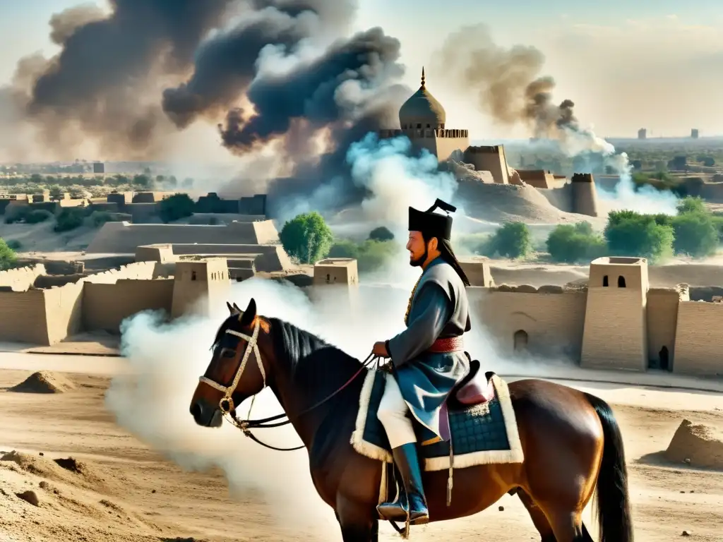 La caída de Bagdad: Hulagu Khan y la invasión mongol Hulagu Khan en su caballo, con Bagdad en ruinas al fondo, ilustra el legado del Ilkanato en el Medio Oriente