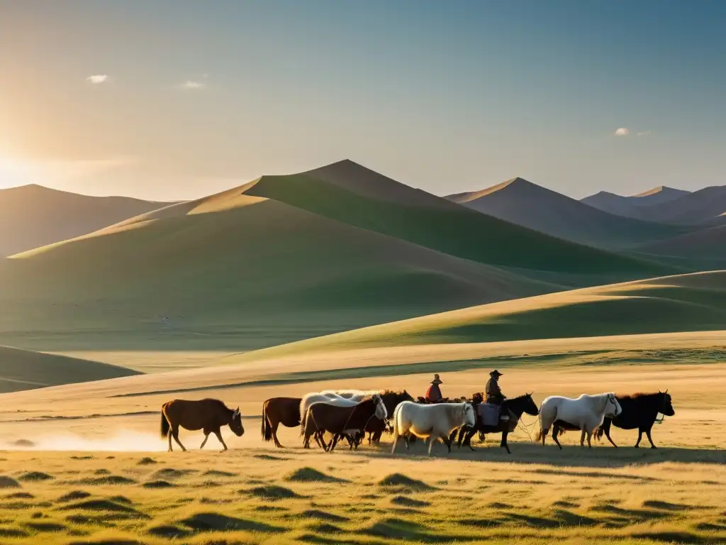 La cálida luz dorada del atardecer baña la estepa mongola, donde pastorean sus animales los nómadas, reflejando la economía del Imperio Mongol