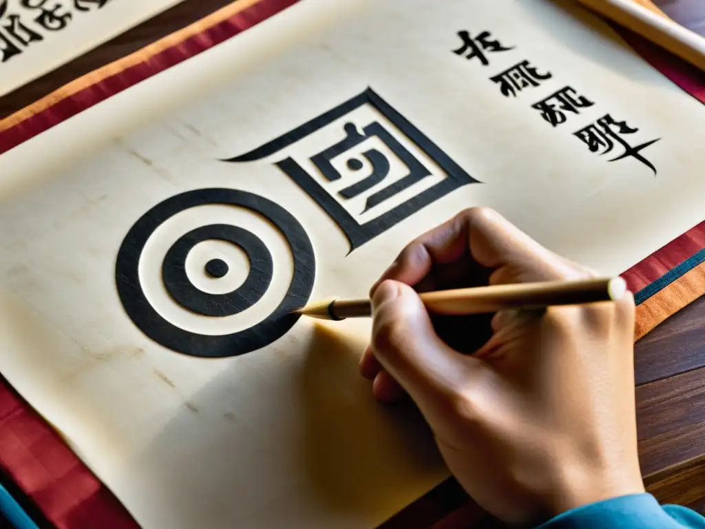 Maestro calígrafo mongol crea caracteres intrincados Un calígrafo tradicional mongol crea caracteres intrincados en pergamino
