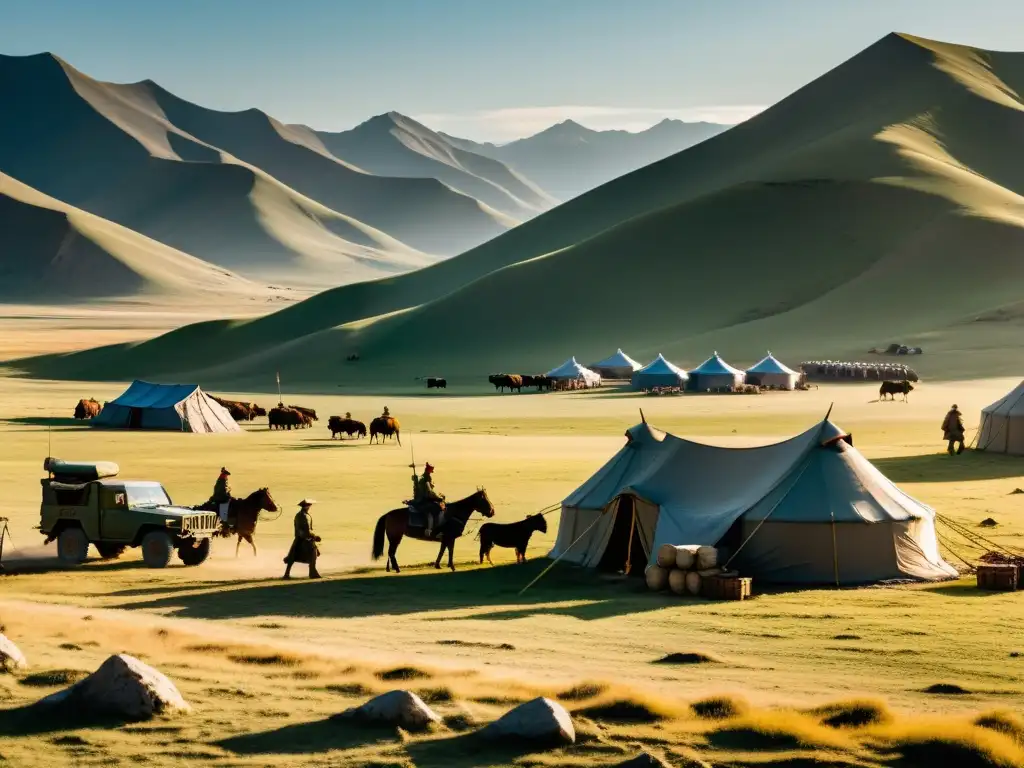 Campamento del ejército mongol en terreno difícil, mostrando su recurso sostenible y determinación para la campaña