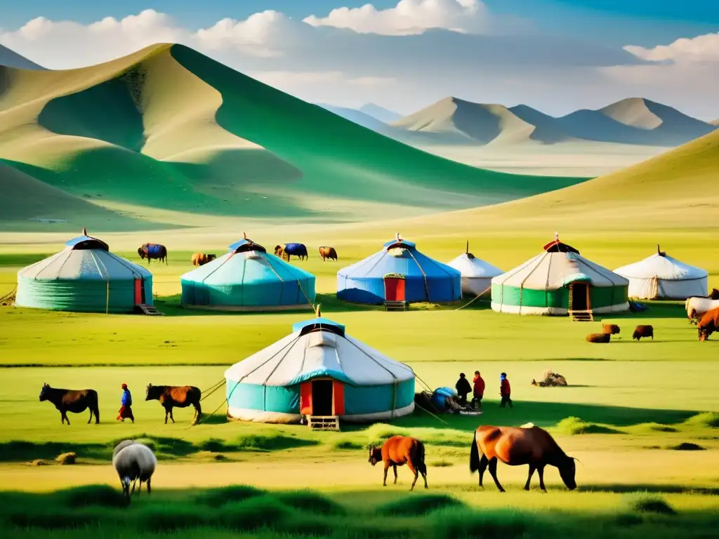 Un campamento ger mongol en las vastas praderas, reflejando el ascenso social en el Imperio Mongol