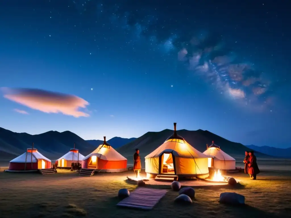 Campamento mongol tradicional iluminado de noche, guerreros alrededor de una fogata