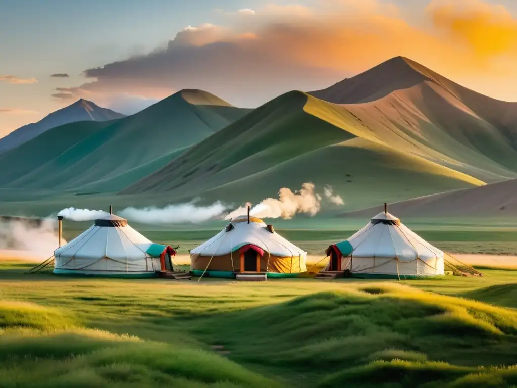 Campamento de yurtas mongolas en la estepa, con decoraciones coloridas y pastores