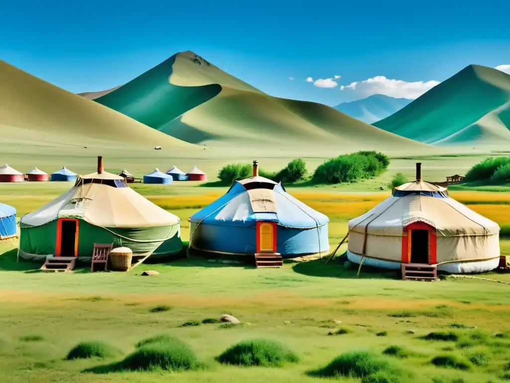 Campamento de yurtas mongolas en las estepas con arte tradicional y estilo de vida nómada