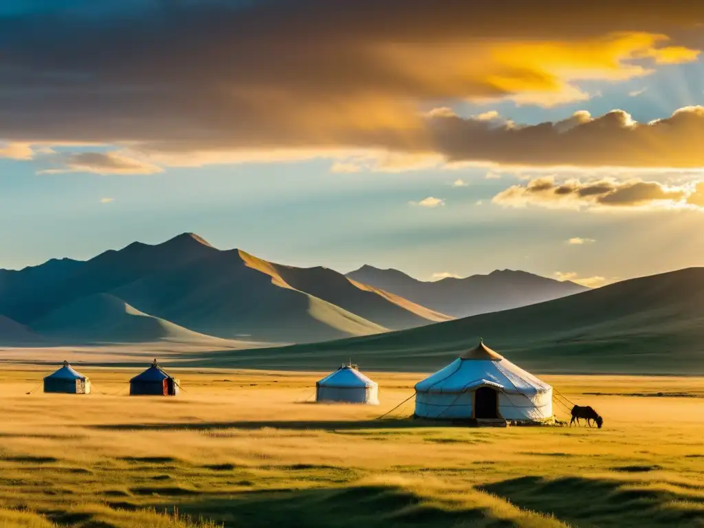 Campamento nómada en la vasta estepa mongol, con montañas al atardecer