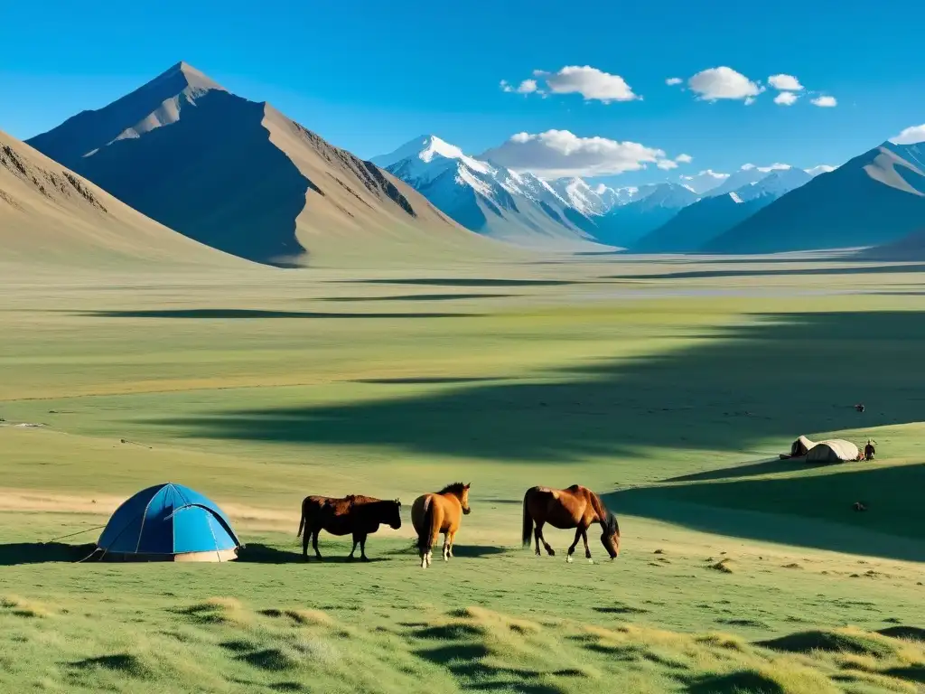 Un campamento nómada en la vasta estepa de Mongolia, con caballos y yaks