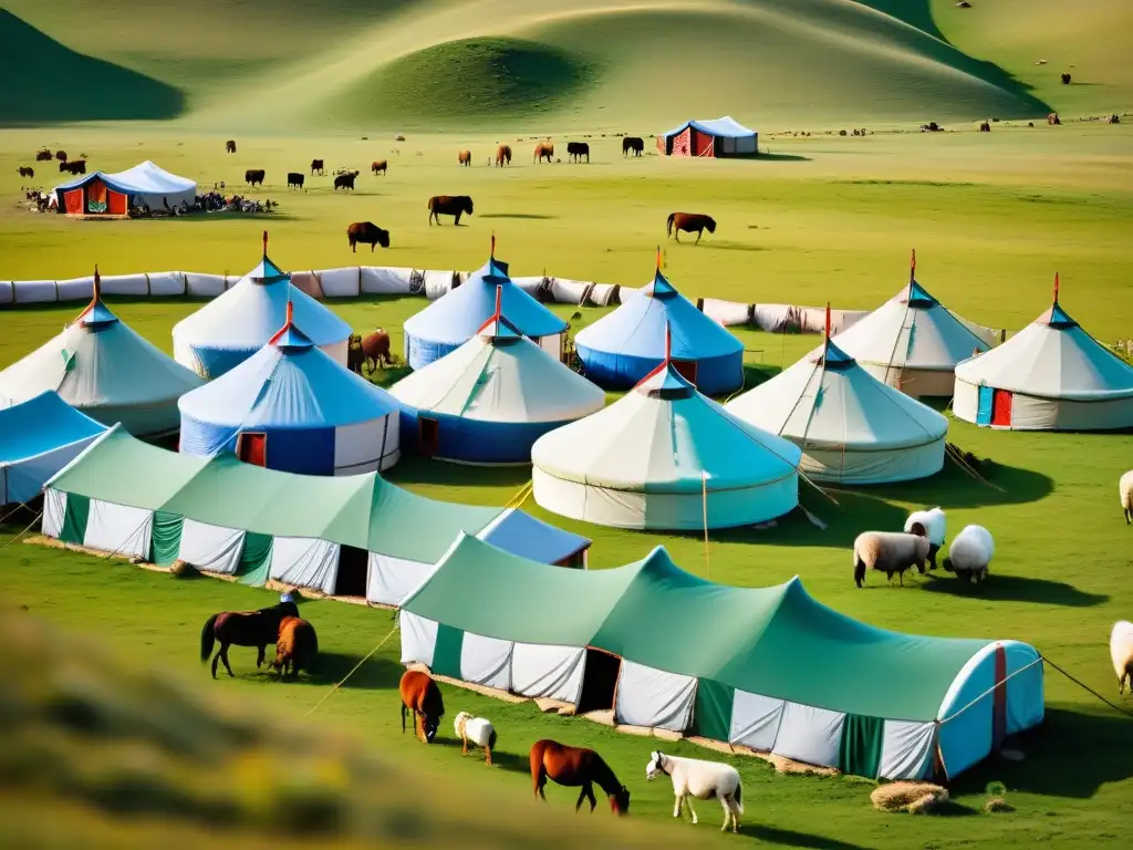 Campamento nómada mongol con yurtas, animales y paisaje de estepa