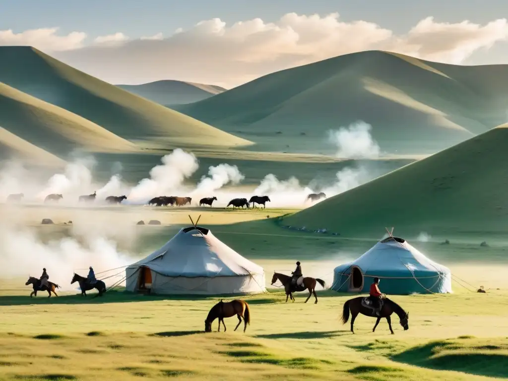 Campamento de yurtas en las praderas del Imperio Mongol, con pastores y jinetes en el atardecer nómada